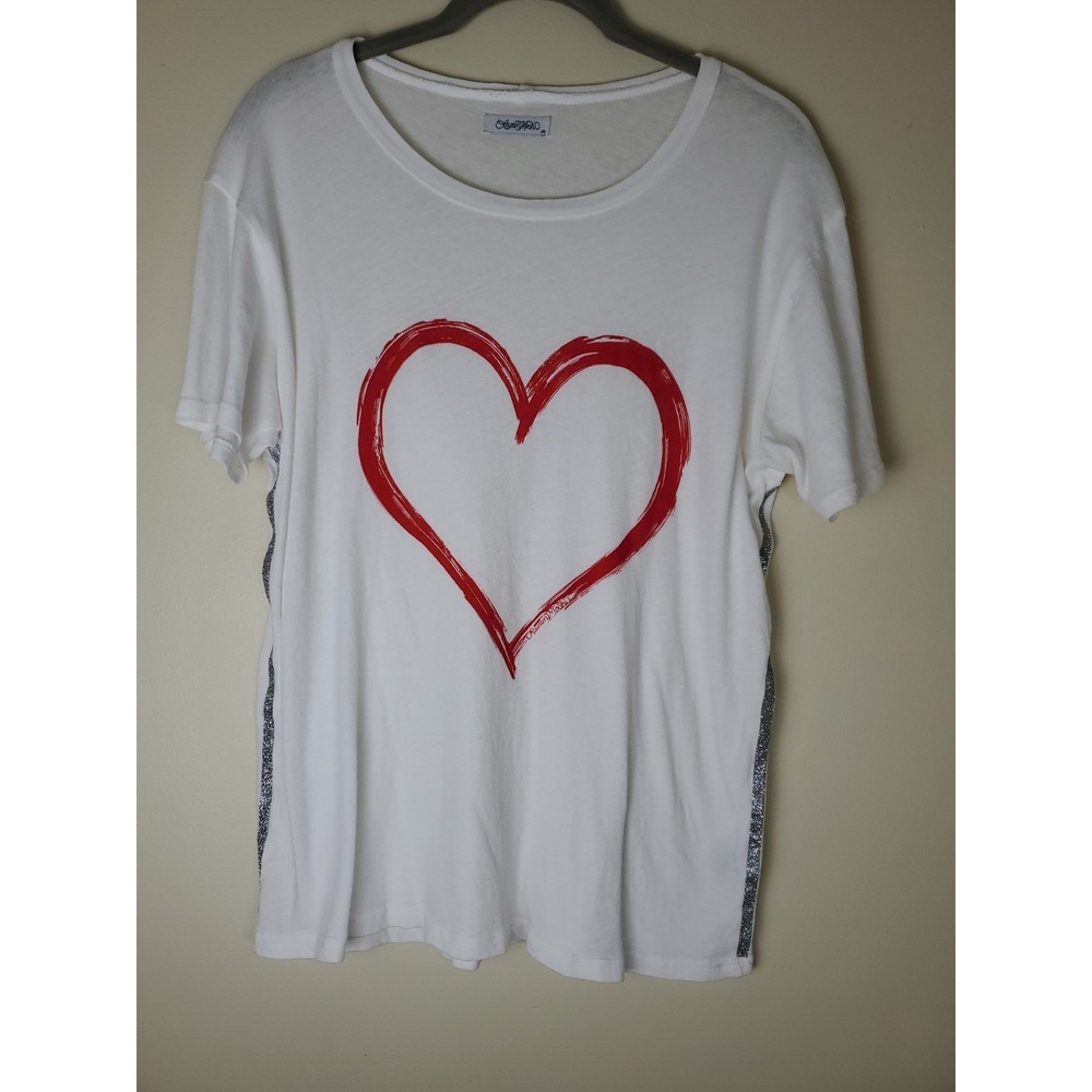 Lauren Moshi Red Heart Sheer Top Tshirt Silver Glitter Side Detail Medium Cotton